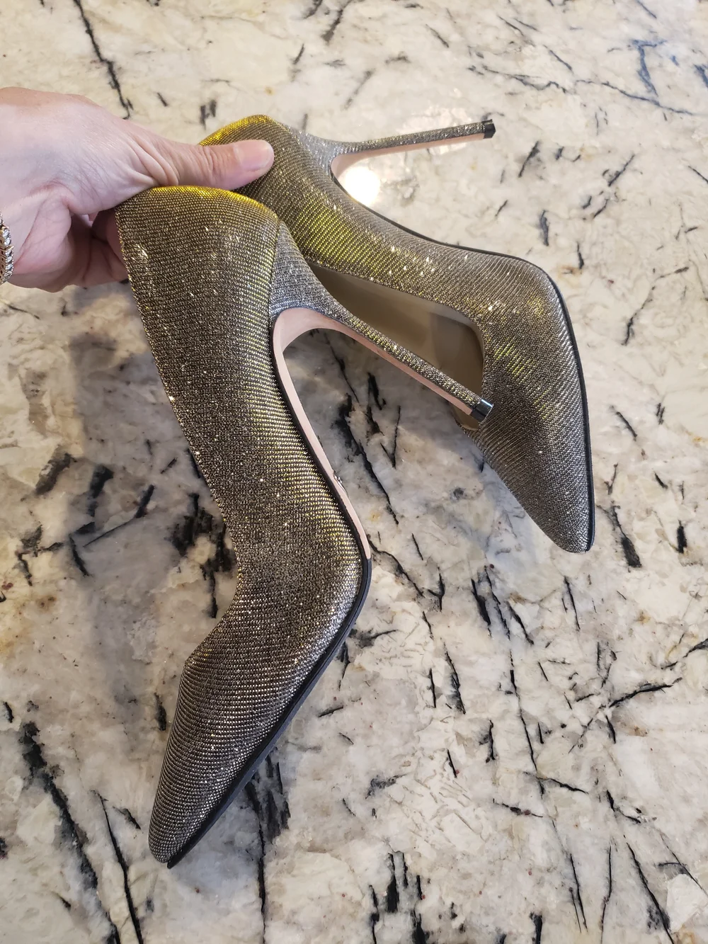 Sarah Flint Silver Glitter Pointed Toe Stilettos with Gold Edge